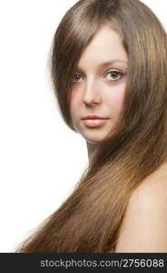 The beautiful girl with long healthy hair. It is isolated on a white background