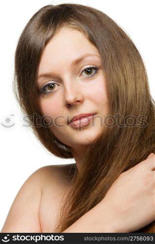 The beautiful girl with long healthy hair. It is isolated on a white background