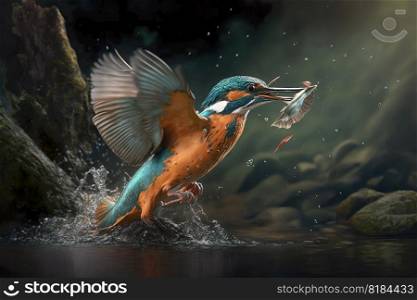The Beautiful kingfisher diving for catching fish , Amazing moment Flying bird , Generate Ai