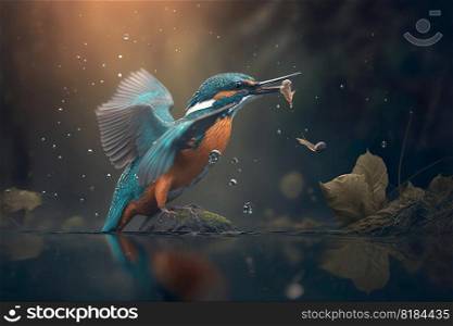 The Beautiful kingfisher diving for catching fish , Amazing moment Flying bird , Generate Ai