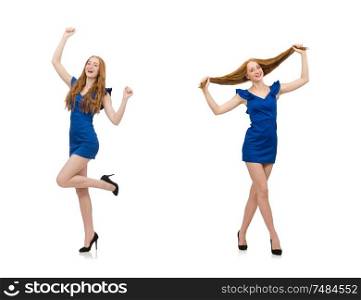 The beautiful lady in dark blue dress isolated on white. Beautiful lady in dark blue dress isolated on white