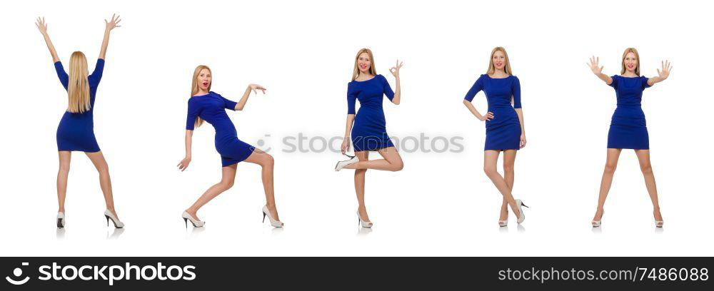 The beautiful lady in dark blue dress isolated on white. Beautiful lady in dark blue dress isolated on white