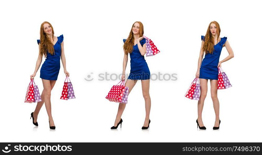 The beautiful lady in dark blue dress isolated on white. Beautiful lady in dark blue dress isolated on white