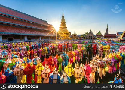The Beautiful Lanna lamp lantern are northern thai style lanterns in Loi Krathong or Yi Peng Festival at Wat Phra That Hariphunchai is a Buddhist temple in Lamphun, Thailand.