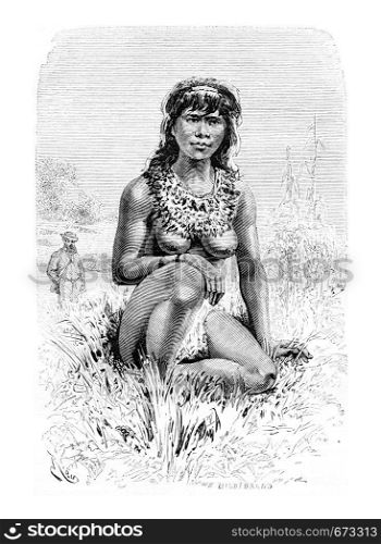 The Beautiful Popoula, a Young Native Woman in Oiapoque, Brazil, drawing by Riou from a sketch by Dr. Crevaux, vintage engraved illustration. Le Tour du Monde, Travel Journal, 1880