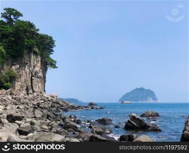 The beautiful rocky coast on Jeju Island, South Korea