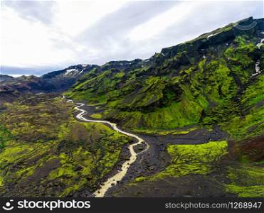 The beautiful unique aerial view landscape of Thorsmork in highland of Iceland.