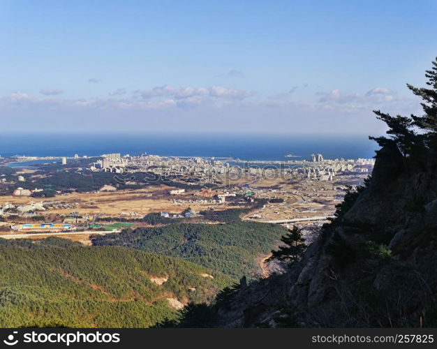 The beautiful view from the peak of Seoraksan mountains to Sokcho city. South Korea
