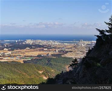 The beautiful view from the peak of Seoraksan mountains to Sokcho city. South Korea