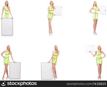 The beautiful woman holding whiteboard isolated on white . Beautiful woman holding whiteboard isolated on white 