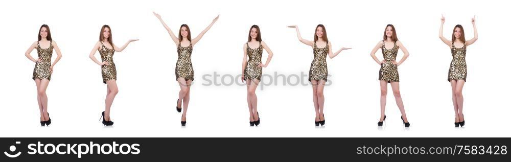 The beautiful woman in leopard dress isolated on white. Beautiful woman in leopard dress isolated on white