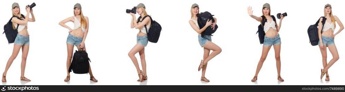 The beautiful woman in shorts with backpack and camera. Beautiful woman in shorts with backpack and camera