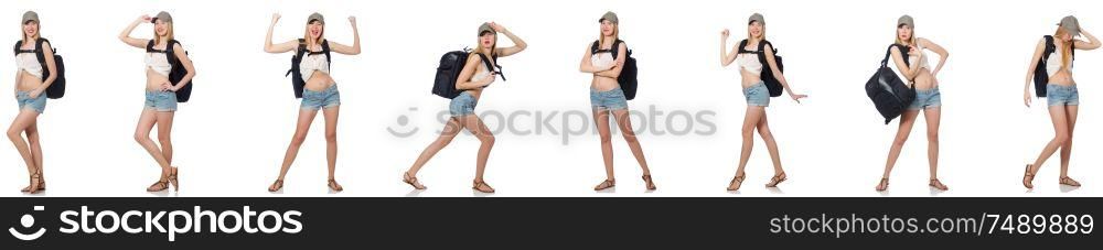 The beautiful woman in shorts with backpack. Beautiful woman in shorts with backpack