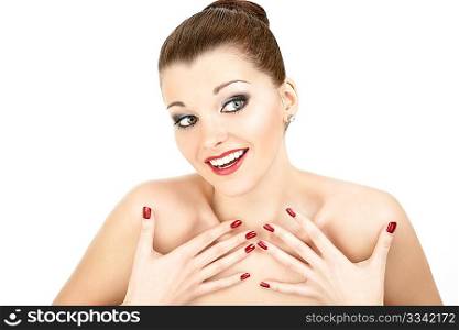 The beautiful woman with hands on a breast, isolated