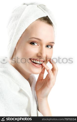 The Beautiful Young Woman in a White Bathrobe. Hair on his head wrapped in a towel, BW Photo