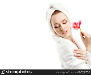 The Beautiful Young Woman in a White Bathrobe with Pink Orchid. Her Head is wrapped in a White Towel. Please, view my other pictures of this series below: