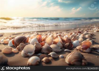 The beauty of seashells on a beach provides an ideal spot for coastal relaxation and vacation. The natural scenery and beauty of nature are captured in this landscape. AI Generative.