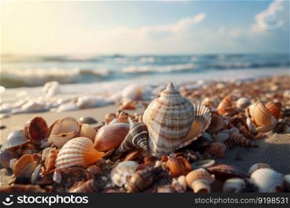 The beauty of seashells on a sandy beach is captured in this natural scenery. The coastal environment and waves provide a relaxing vacation spot. AI Generative.