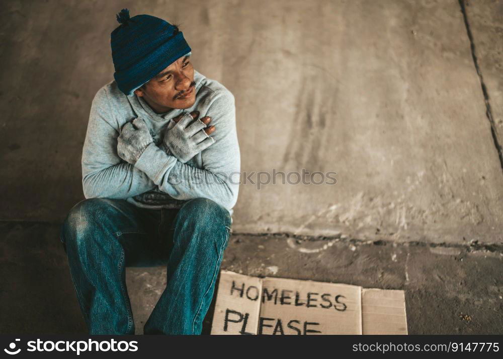 The Man Sitting Begging On An Overpass With Messages Homeless People ...