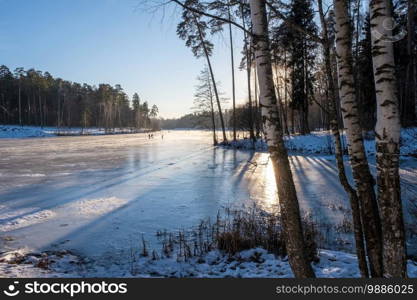 The beginning of winter on the Talka river in the city of Ivanovo on a Sunny frosty day, Russia.