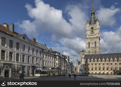 The Belfry in Ghent, Belgium. The 91m belfry of Ghent is one of three medieval towers that overlook the old city center of Ghent, the other two are Saint Bavo Cathedral and Saint Nicholas Church. UNESCO World Heritage Site. The tower dates from 1313.