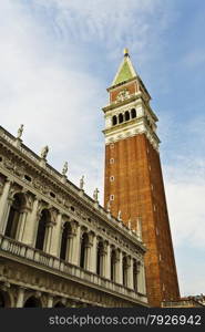 The bell tower or campanile of the Basilica de San Marco in Venice, Italy