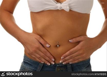 the belly of a young woman against a white background