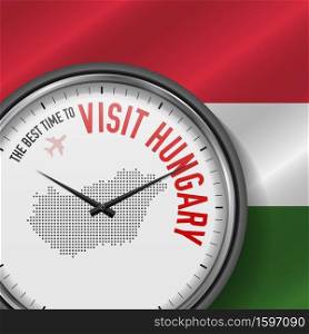 The Best Time to Visit Hungary. Travel to Hungary. Tourist Air Flight. Waving Flag Background and Dots Pattern Map on the Dial. Vector Illustration.. The Best Time to Visit Hungary. Flight, Tour to Hungary. Vector Illustration