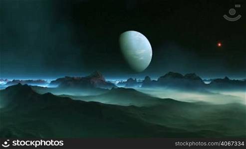 The big blue planet slowly rotates in the dark starry sky. Bright red object (UFO) flies by quickly. In the lowlands of the dark mountains lies a thick white fog.