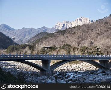 The big bridge under the mountain river in Seoraksan National Park, South Korea