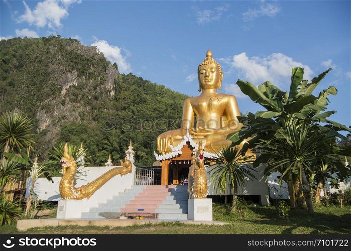 the Big Buddha of the Wat Khuha in the country side of Ban Nakhuha near the city of Phrae in the north of Thailand. Thailand, Phrae November, 2018.. THAILAND PHRAE BUDDHA STATUE BAN NA KHUHA