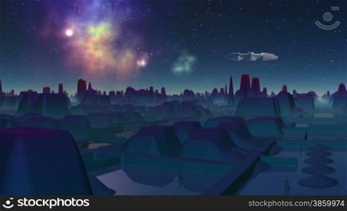 The big UFO flies over the city of aliens and slowly disappears. The city consists of strange buildings of blue color. Streets are covered with water. Over the city fog. In the night sky stars, nebulas and bright moon.