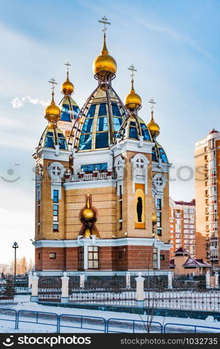 The Birth of Christ Church in Kiev. Modern church in Obolon quarter, during a cold and snowy winter day