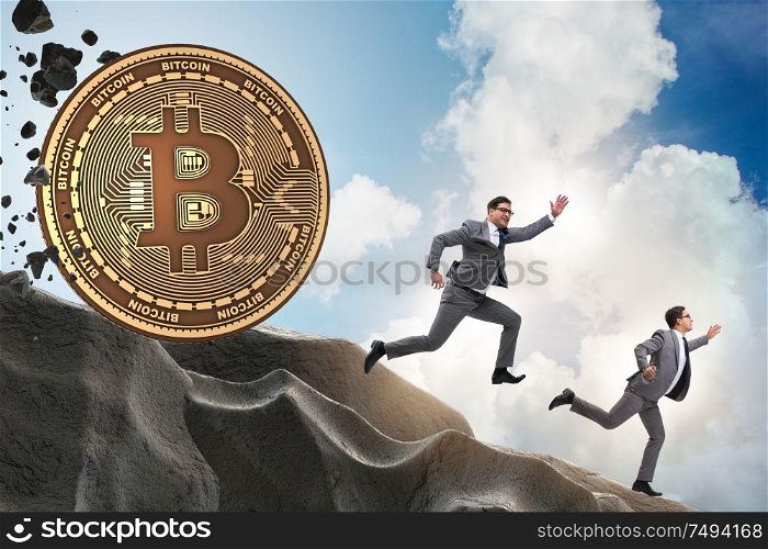 The bitcoin chasing businessman in cryptocurrency blockchain concept. Bitcoin chasing businessman in cryptocurrency blockchain concept