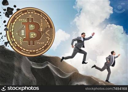 The bitcoin chasing businessman in cryptocurrency blockchain concept. Bitcoin chasing businessman in cryptocurrency blockchain concept