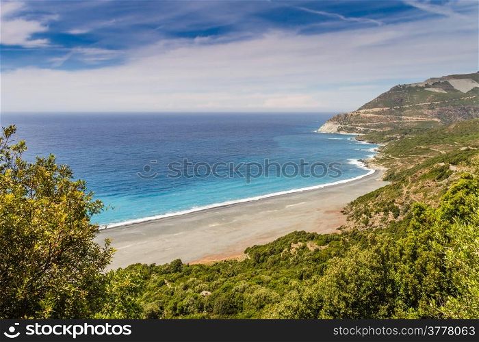 The black beach and abondoned asbestos mine near the village of Nonza on Cap Corse in Corsica