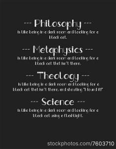 The Black Cat Analogy shows the difference between Philosophy, Metaphysics, Theology and Science. Funny text art illustration science vs religion comparison concept. Creative banner design.