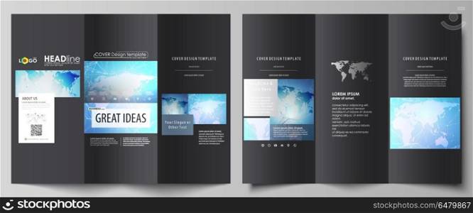 The black colored minimalistic vector illustration of the editable layout of two creative tri-fold brochure covers design templates. World map on blue, geometric technology design, polygonal texture.. The black colored minimalistic vector illustration of the editable layout of two creative tri-fold brochure covers design templates. World map on blue, geometric technology design, polygonal texture