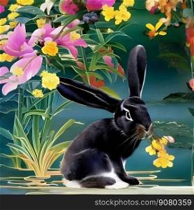 The black water rabbit is the symbol of 2023 sitting in the forest. Happy New Year. AI generated image. The black water rabbit is the symbol of 2023 sitting in the forest. Concept in Chinese style. Happy New Year. AI generated image