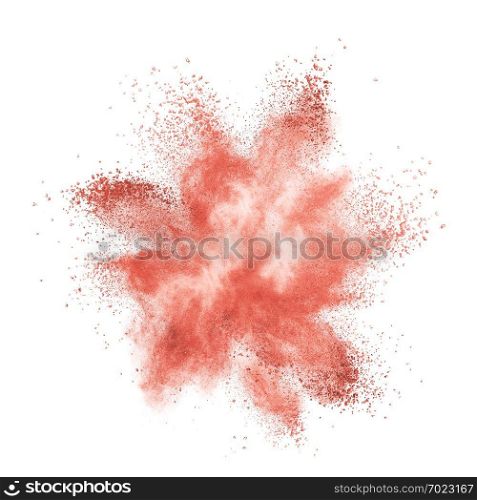 The blast of colored powder in a color of the year 2019 Living Coral pantone isolated on a white background. Place for text.. Explosion of colored powder in a color of the year 2019 Living Coral pantone isolated on a white background.
