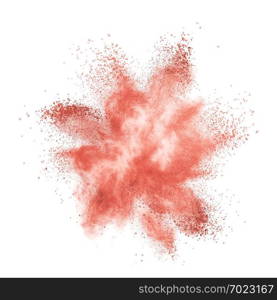 The blast of colored powder in a color of the year 2019 Living Coral pantone isolated on a white background. Place for text.. Explosion of colored powder in a color of the year 2019 Living Coral pantone isolated on a white background.