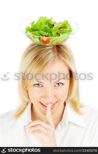 The blonde holds salad on a head