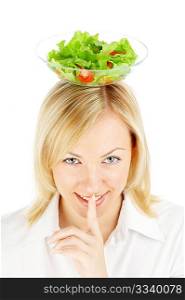 The blonde holds salad on a head