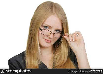 The blonde with glasses. The pretty young woman. On a white background