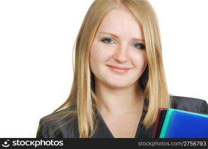The blonde with official papers. The pretty young woman. On a white background