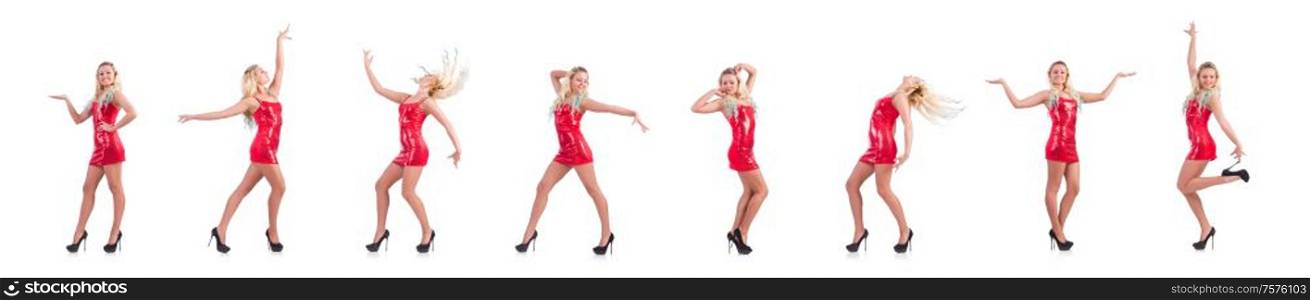 The blondie in red sparkling mini dress isolated on white. Blondie in red sparkling mini dress isolated on white
