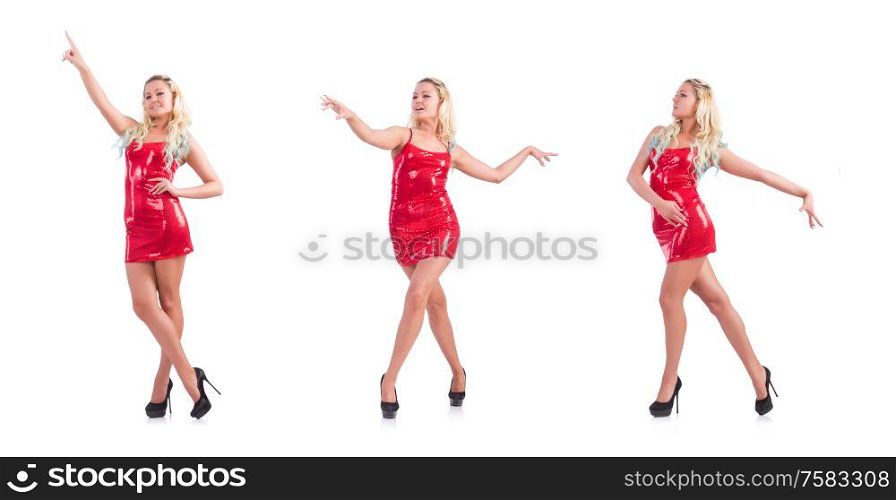 The blondie in red sparkling mini dress isolated on white. Blondie in red sparkling mini dress isolated on white
