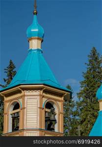 The blue dome of the bell tower of one of the monasteries on Valaam