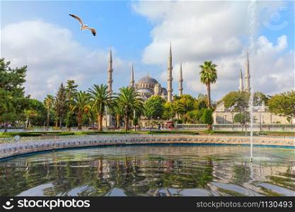The Blue Mosque of Istanbul and the fountain in Sultan Ahmet park.