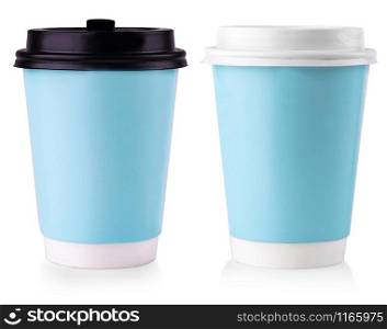 The Blue Paper Cup With Lid Isolated on White Background.. Blue Paper Cup With Black Lid Isolated on White Background.